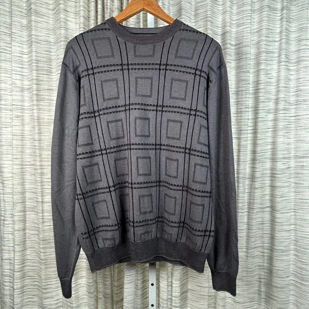 Tulliano Mens Gray Plaid Knit Long Sleeve Sweater Cotton Blend Size‎ M EUC
